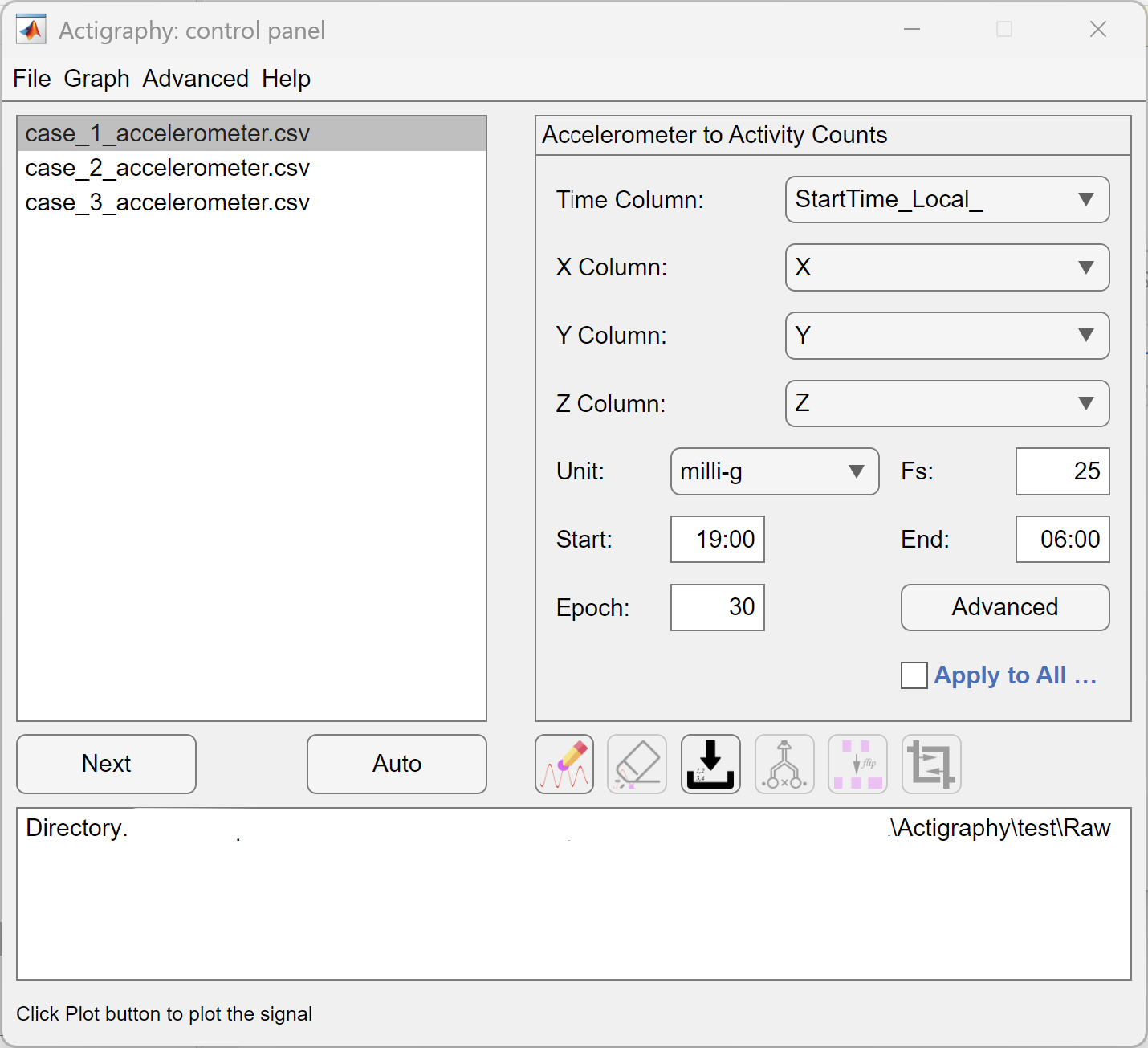 interface of ezActi3 when processing raw data